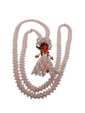 Handmade Beaded Necklace With Doll Pendant 24"  Tribal Pink #J-7